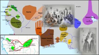 خريطة لممالك غرب إفريقيا، فوتا جالون وكانيم بورنو، وصور أشخاص بملابس تقليدية.