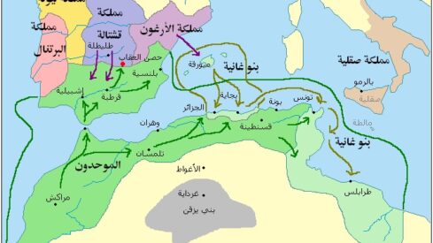 خريطة تاريخية تظهر انتشار الممالك والدول الإسلامية في شمال إفريقيا والأندلس.