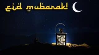 Night scene with lantern, person silhouette, crescent moon, stars, and "Eid Mubarak" text.