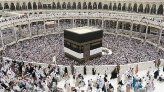 Large crowd of pilgrims around the Kaaba at Masjid al-Haram, Mecca during Hajj.