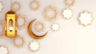 Golden crescent moon and ornate lantern with star patterns on a light background.