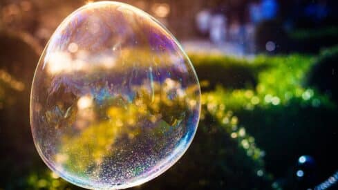 Floating soap bubble reflecting blue, green, and purple hues with greenery in the background.