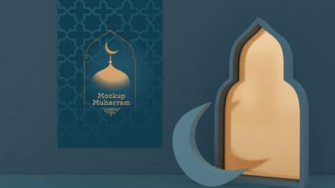 Blue Muharram mockup design with arch window, crescent moon, and geometric pattern.