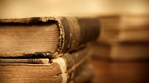 Close-up of spines of two worn vintage books with faded covers, blurred background.