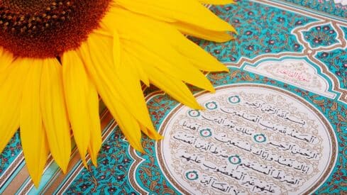 Sunflower on a page of Quran with Arabic calligraphy, turquoise, and gold details.