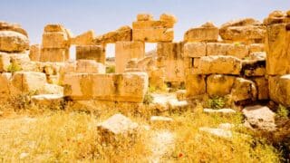 Ancient stone ruins in sunlight, grass and wildflowers, clear blue sky background.