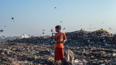 Boy in landfill holding crate, waste scattered; birds flying, city skyline in background.