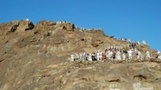 Group in light clothes ascending rocky mountain path with railings; clear sky above.