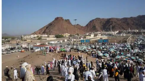 A crowd in traditional white attire with colorful umbrellas in hajj, mountains, buildings, and vehicles.