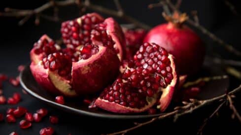 Pomegranate segments and seeds on a dark plate, branches in the background.