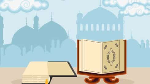 Open holy Quran on stand with intricate design, closed book beside, mosque silhouette background.