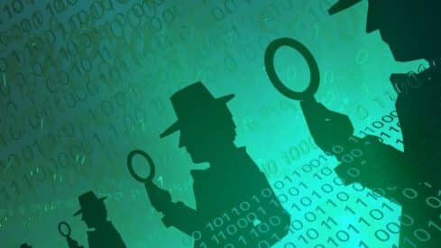 Silhouetted figures with magnifying glasses over green binary backdrop, implying tech analysis.