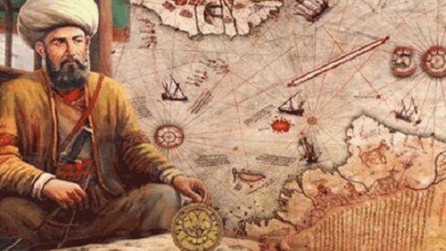 Historical figure with navigational instrument, ancient map with ships and geographic contours.