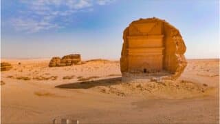 Ancient carved sandstone rock facade in desert landscape with sparse vegetation and clear sky.