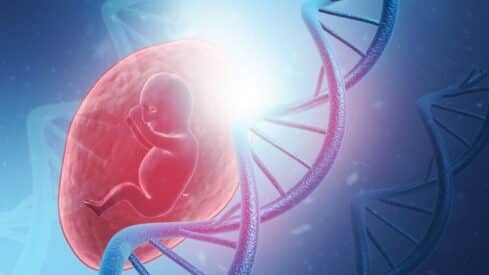 Fetus in womb highlighted red with magnified DNA strand, symbolizing genetic development.