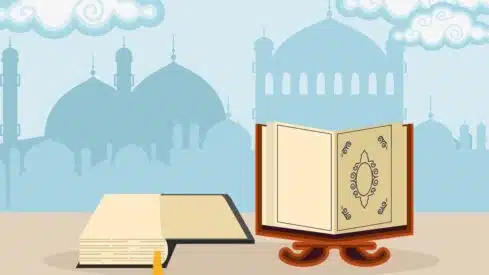 Book with ornate designs on a stand, next to a closed book, with domes and clouds in background.