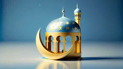 Decorative blue dome mosque structure with gold stars, crescent, minaret, blue background.